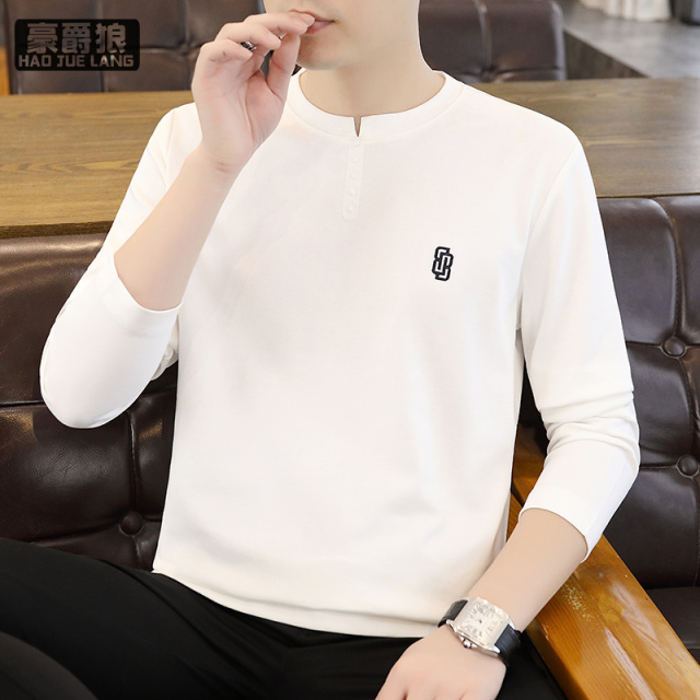 11578422.春季新品燕尾领钢印扣长袖T恤春秋潮流百搭个性领长袖衫