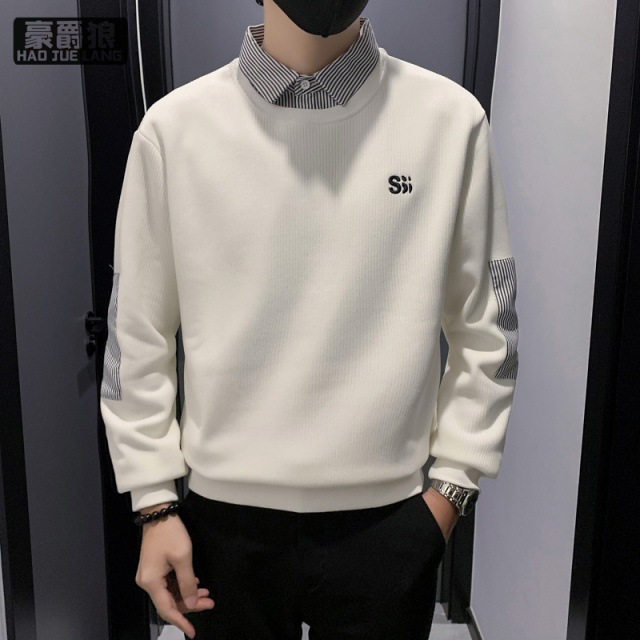 11578328.韩版青年衬衫领贴补袖卫衣春男士必备假两件潮流百搭卫衣