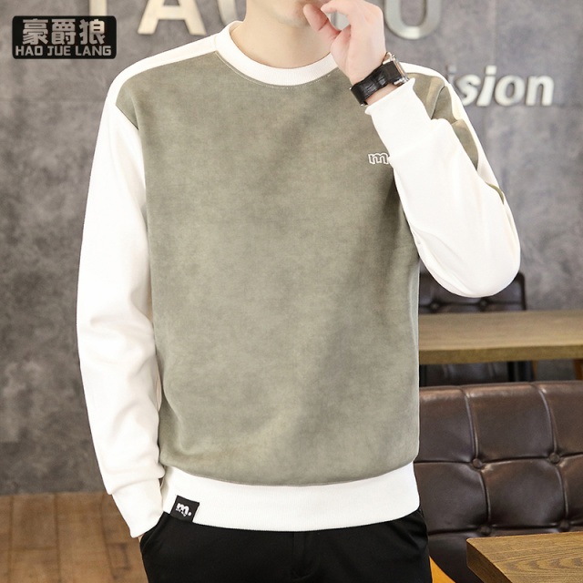 11578374.精致韩风烧花拼色圆领卫衣春新品男士潮流百搭卫衣