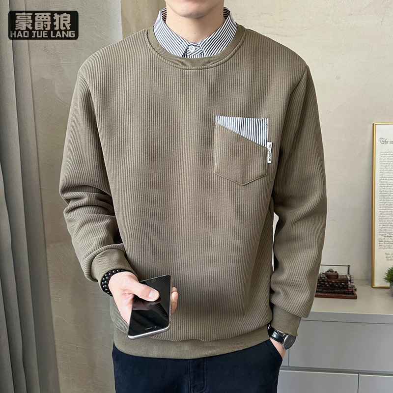 11578329.日系青年韩国条提花衬衫领假两件卫衣春秋男士必备潮流卫衣
