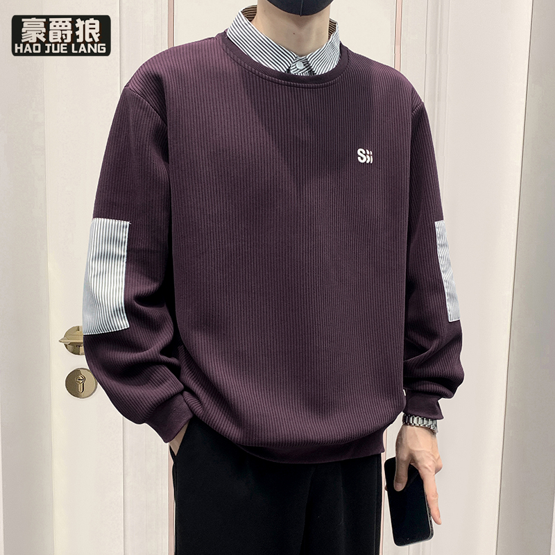 11578328.韩版青年衬衫领贴补袖卫衣春男士必备假两件潮流百搭卫衣
