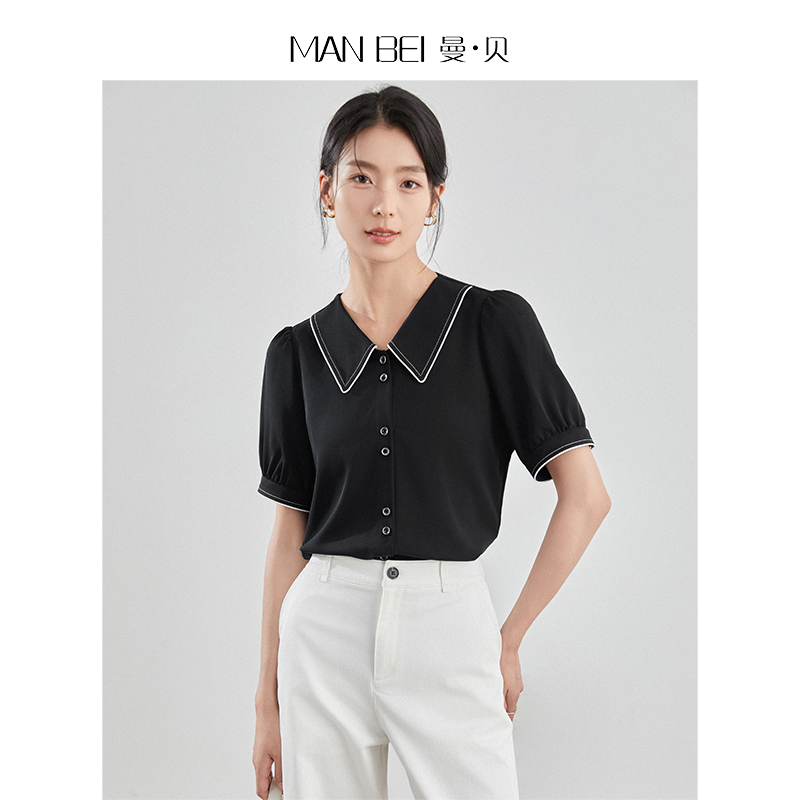 11582257.曼贝新款宽松撞色压边条设计感长袖女式衬衫