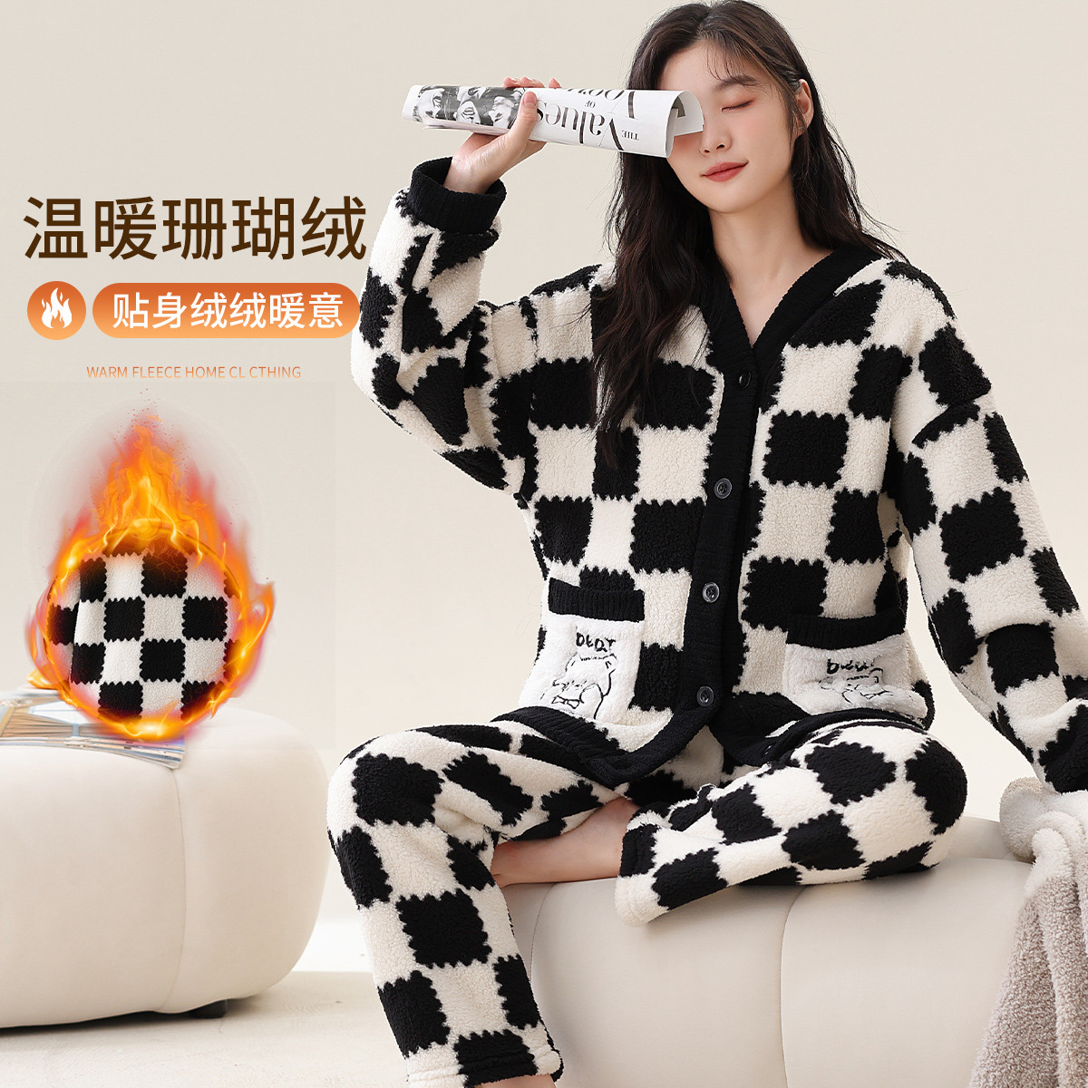11583238.猫人【暖绒套装】女士睡衣女秋冬长袖V领开衫珊瑚绒保暖家居服套装女