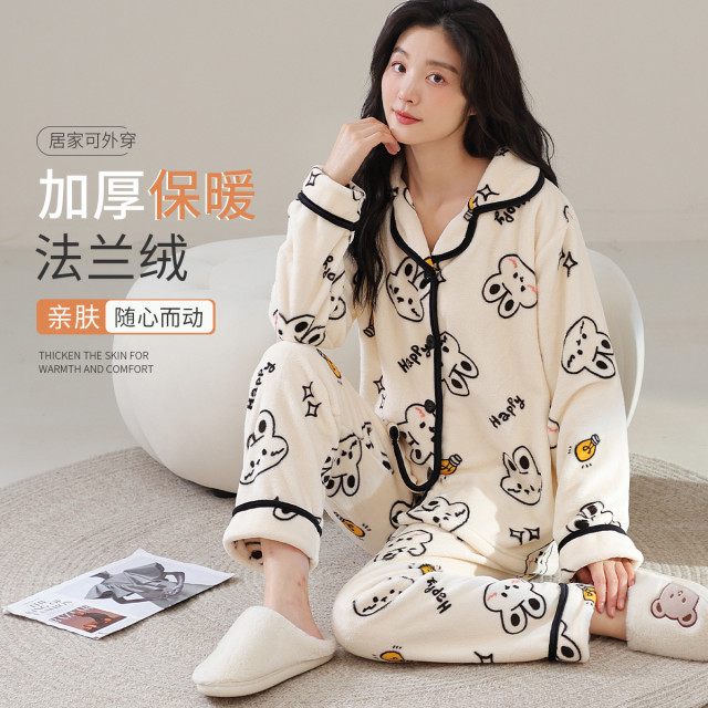 11583258.猫人【柔软法兰绒】女士睡衣女冬加绒加厚保暖暖绒可外穿家居服套装女