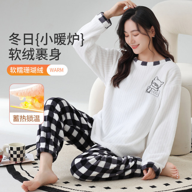 11583400.猫人【加绒加厚 蓄热保暖】珊瑚绒睡衣女士可爱宽松家居服套装女冬
