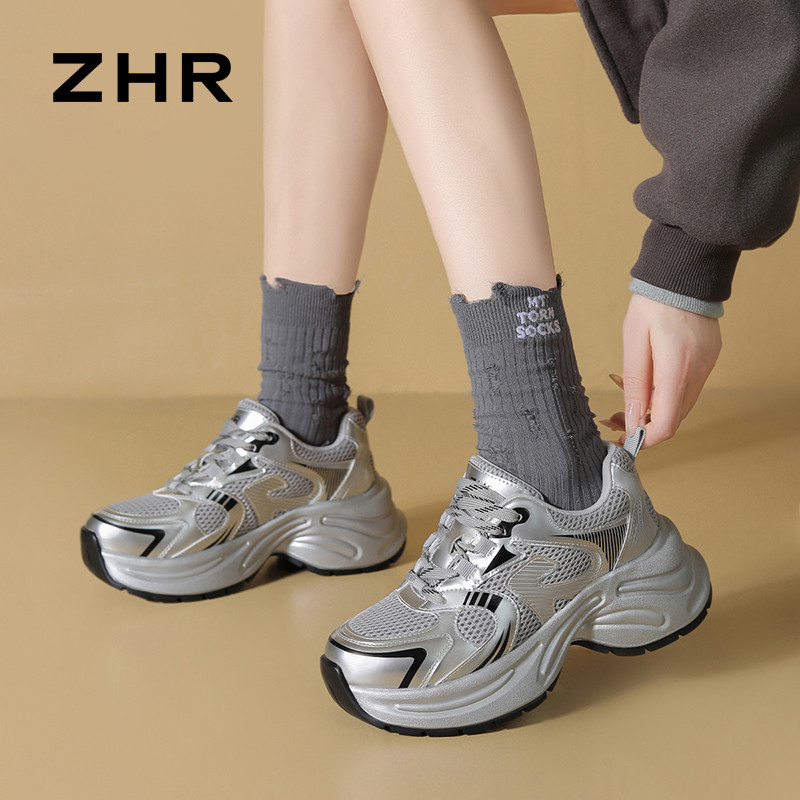 12734963.【ZHR则则】老爹鞋圆头系带厚底女鞋[超纤+网布]