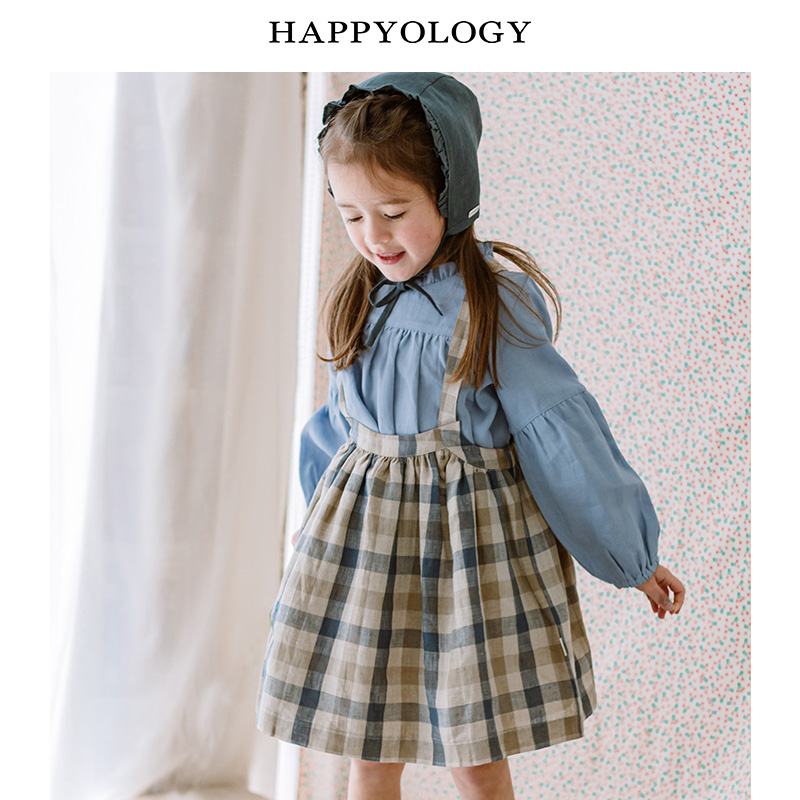 11847559.happyology秋装大童装半身裙亚麻裙子背带裙儿童格纹女童短裙
