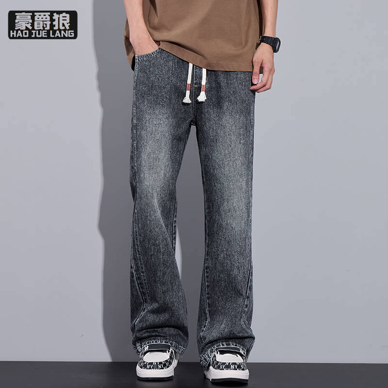 11593319.微喇牛仔裤男春秋季潮牌宽松直筒裤阔腿裤青少年休闲裤子