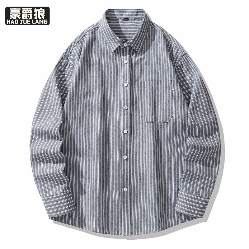 11593295.春秋季新款条纹长袖衬衫男港风宽松青少年潮流百搭休闲衬衣