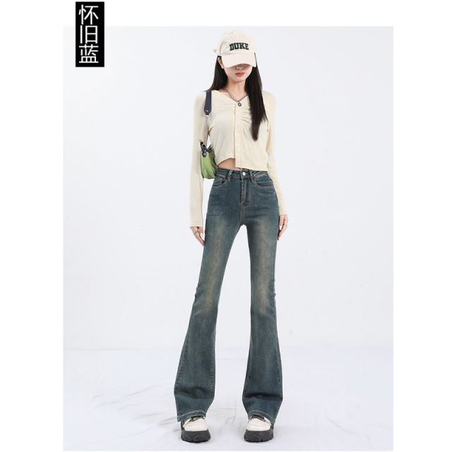 12180071.引闻 复古弹力高腰微喇叭裤女装新款修身显瘦百搭牛仔裤