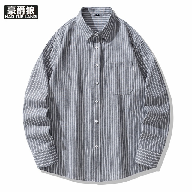 11593295.春秋季新款条纹长袖衬衫男港风宽松青少年潮流百搭休闲衬衣