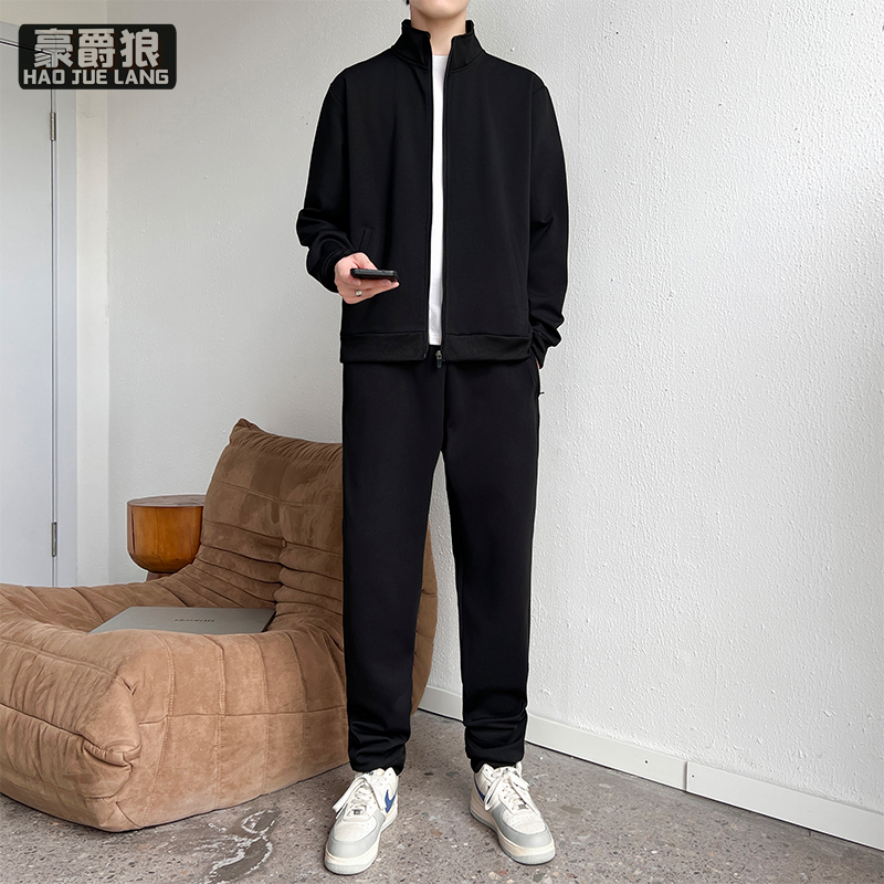 11593263.休闲运动套装男士春秋季宽松潮牌百搭开衫卫衣卫裤痞帅跑步两件套