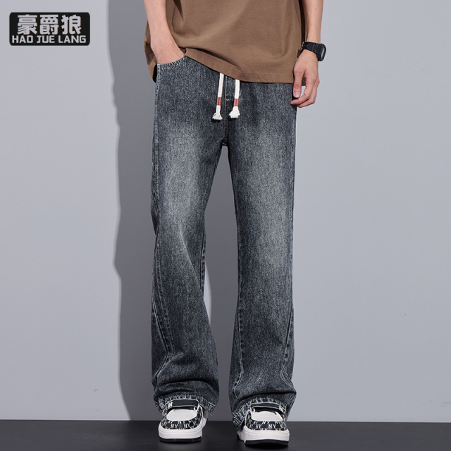 11593319.微喇牛仔裤男春秋季潮牌宽松直筒裤阔腿裤青少年休闲裤子