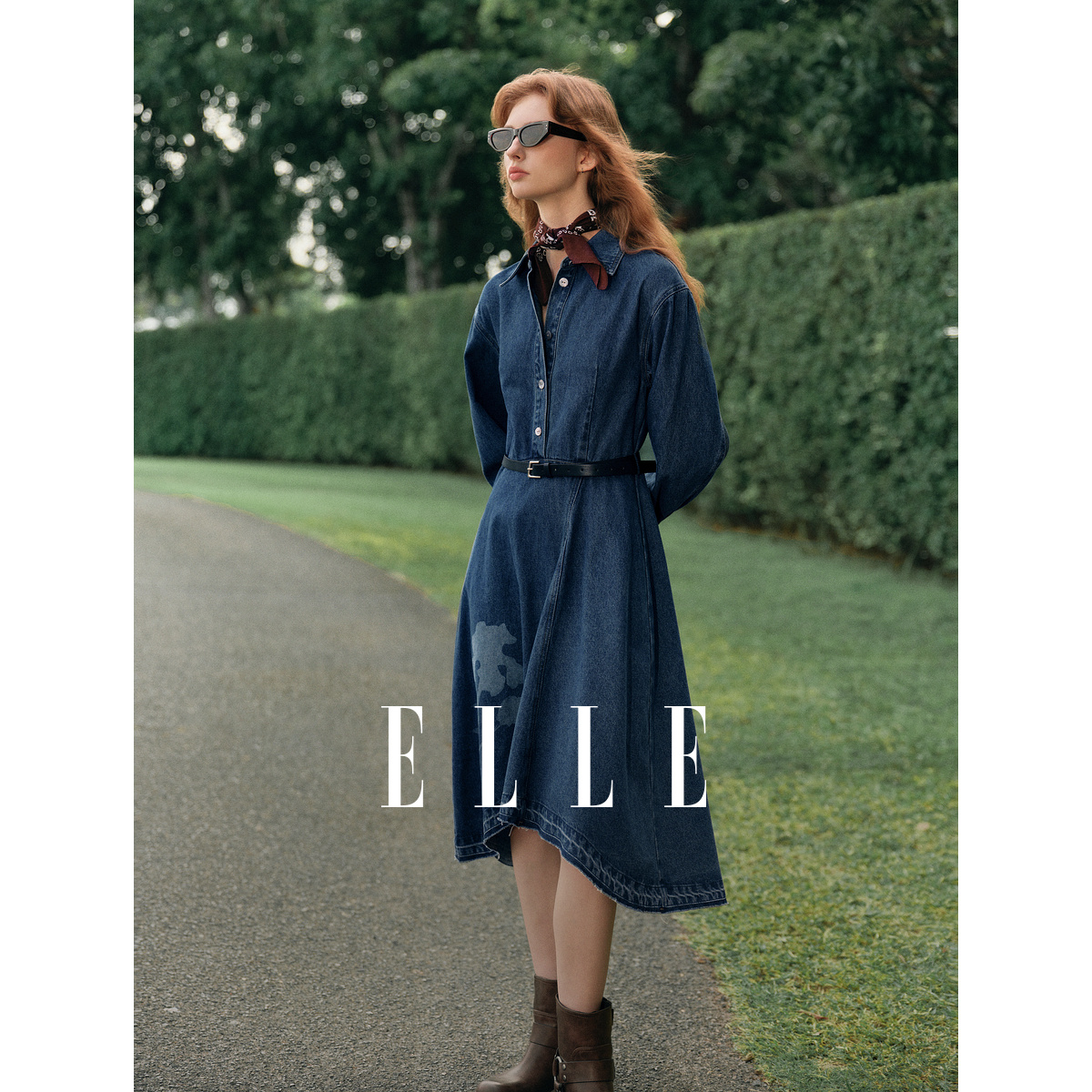 11595488.ELLE100%棉牛仔连衣裙摩登休闲风鸢尾花衬衫裙女