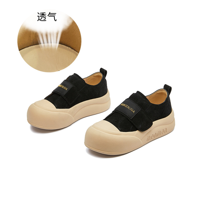 11599492.墨斯本真皮面包鞋女2025春季新款魔术贴复古板鞋休闲厚底小白鞋百搭鞋子11715