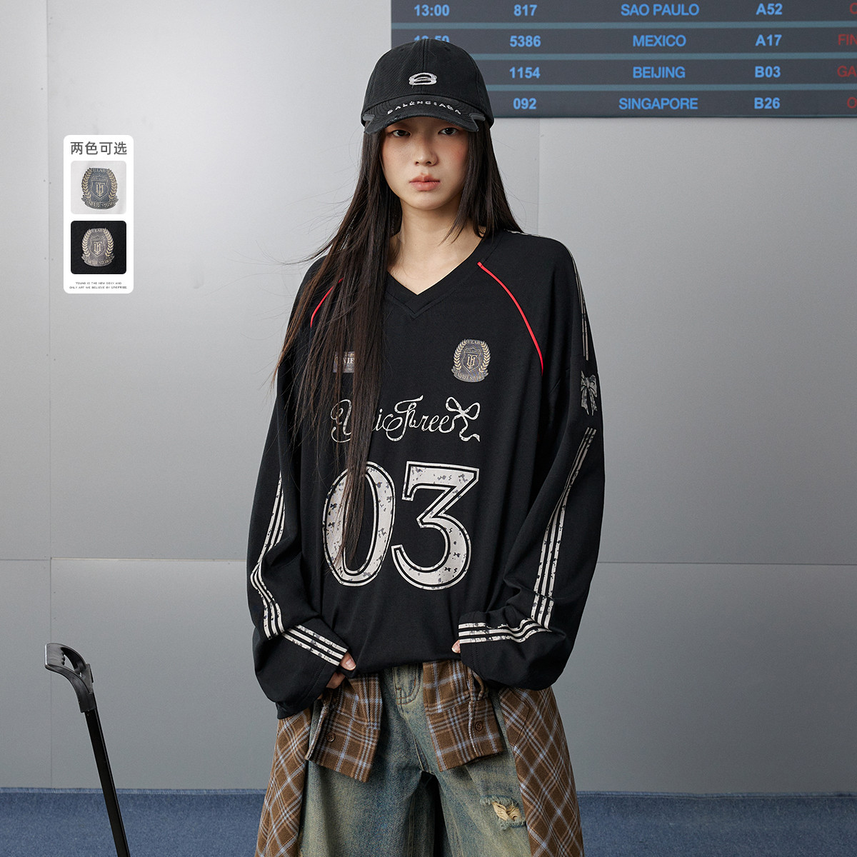 11601612.【25年春款】美式复古做旧印花时髦撞色休闲宽松V领T恤U251G011V1A1