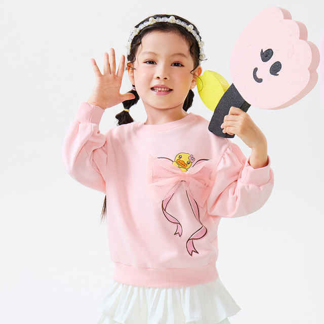 12661855.B.Duck小黄鸭童装女童甜美套头卫衣2025春季新款气质蝴蝶结上衣
