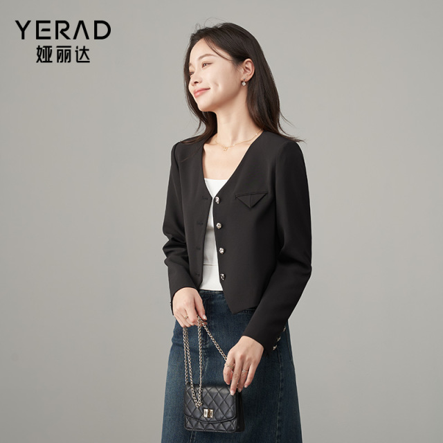 11605345.【娅丽达】高级感气质v领西装外套女小个子休闲西服