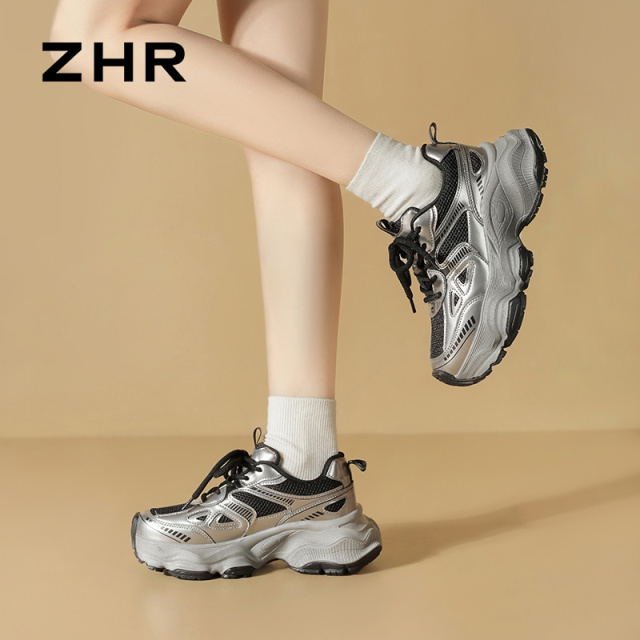 12734902.【ZHR则则】老爹鞋圆头系带厚底女鞋[太空革+网布]