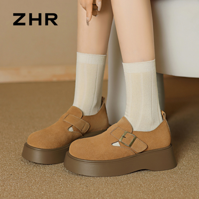 12734895.【ZHR则则】勃肯鞋圆头魔术贴厚底女鞋[牛剖层绒面革]