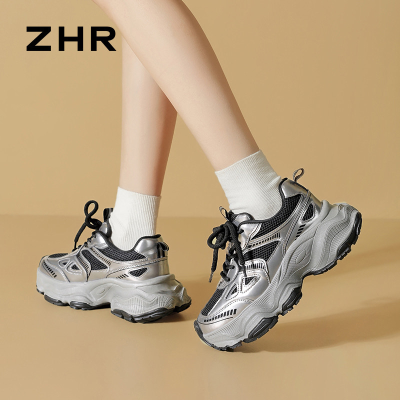 12734902.【ZHR则则】老爹鞋圆头系带厚底女鞋[太空革+网布]