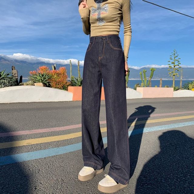 11607145.歌谛婕 丹宁蓝高腰窄版直筒牛仔裤女垂感宽松显瘦拖地裤