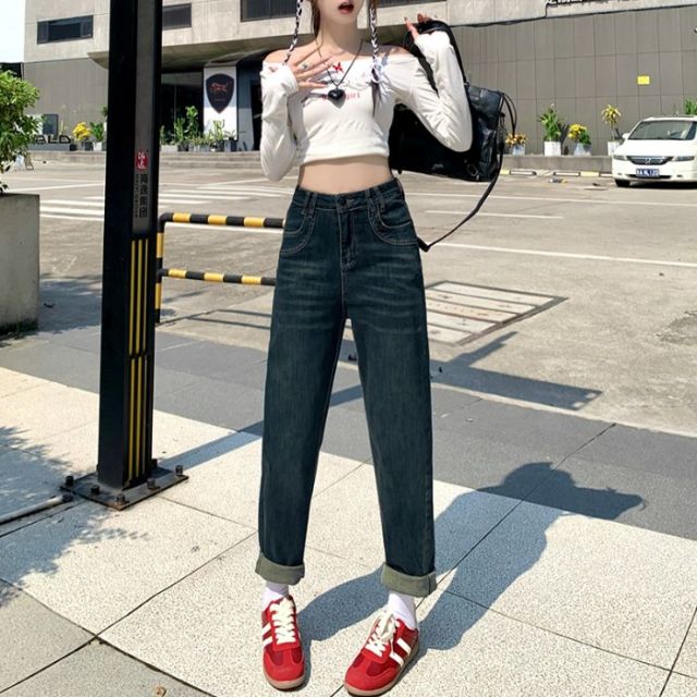 11607092.歌谛婕 卷边高腰哈伦牛仔裤女显瘦直筒老爹烟管裤