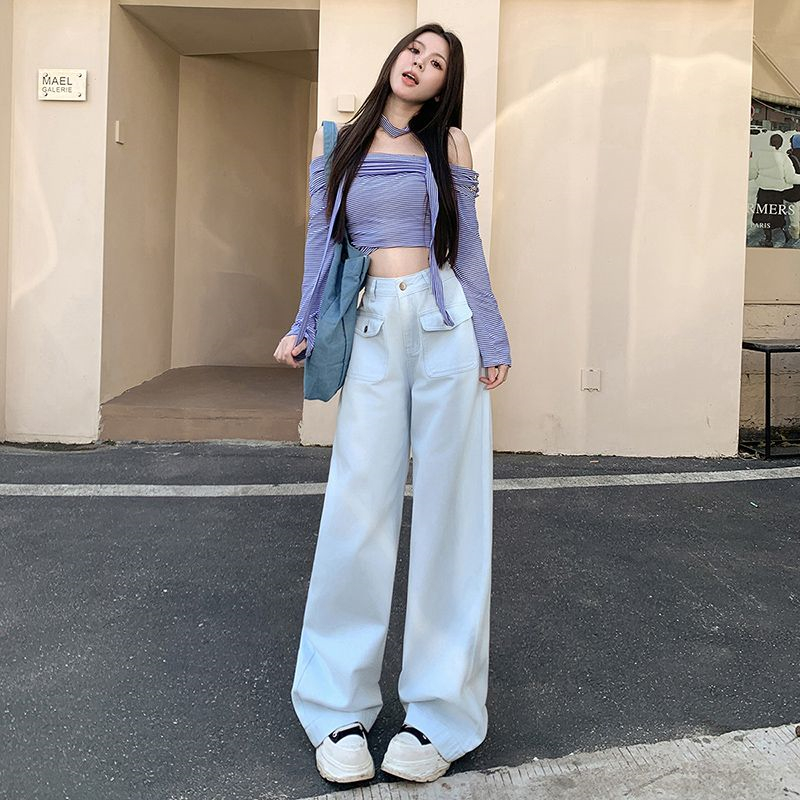 11607074.歌谛婕 设计感翻盖阔腿牛仔裤女美式复古休闲长裤