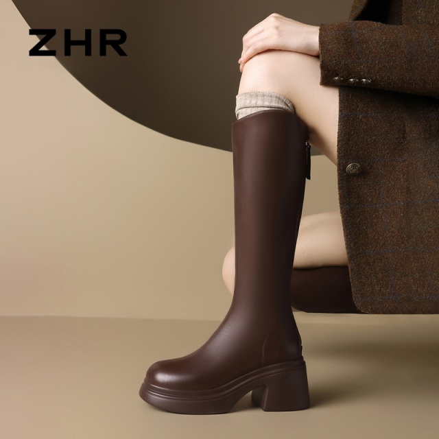 13794790.【ZHR则则】长筒靴圆头后拉链中跟短绒女鞋[PU]