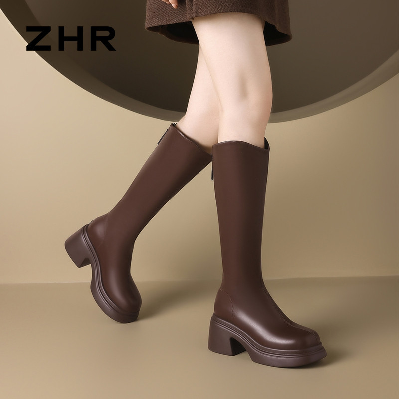 13794790.【ZHR则则】长筒靴圆头后拉链中跟短绒女鞋[PU]