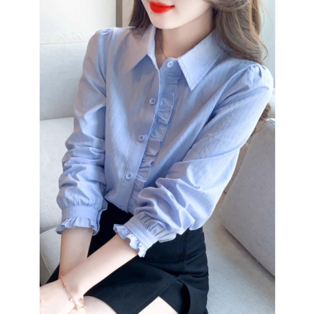 13169784.丹芙娅春季新款女装时尚百搭纯棉衬衫女洋气全棉polo领长袖上衣