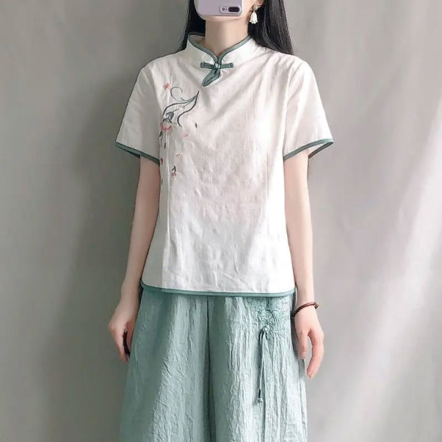 13460528.初云紫衣春夏装 女文艺复古提花中式禅意立领盘扣上衣短袖衬衫1117