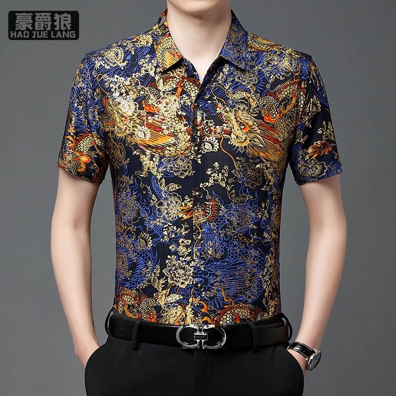 11632710.男士烫金印花短袖休闲花衬衫冰丝中年薄款男款半袖爸爸装衬衣夏季