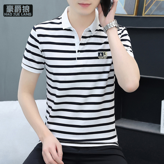 11632673.高档条纹polo衫纯棉男士短袖t恤翻领半袖夏季上衣带领商务体恤潮