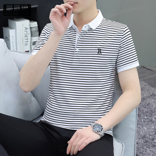 11632699.条纹男士短袖t恤纯棉宽松翻领半袖夏季男装Polo衫潮流潮牌上衣服