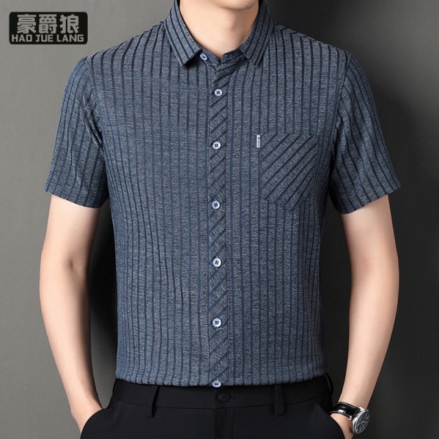 11632677.高档男士桑蚕丝亚麻衬衫休闲百搭中老年宽松短袖衬衣男爸爸装上衣