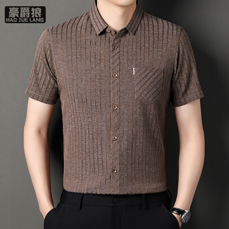 11632677.高档男士桑蚕丝亚麻衬衫休闲百搭中老年宽松短袖衬衣男爸爸装上衣