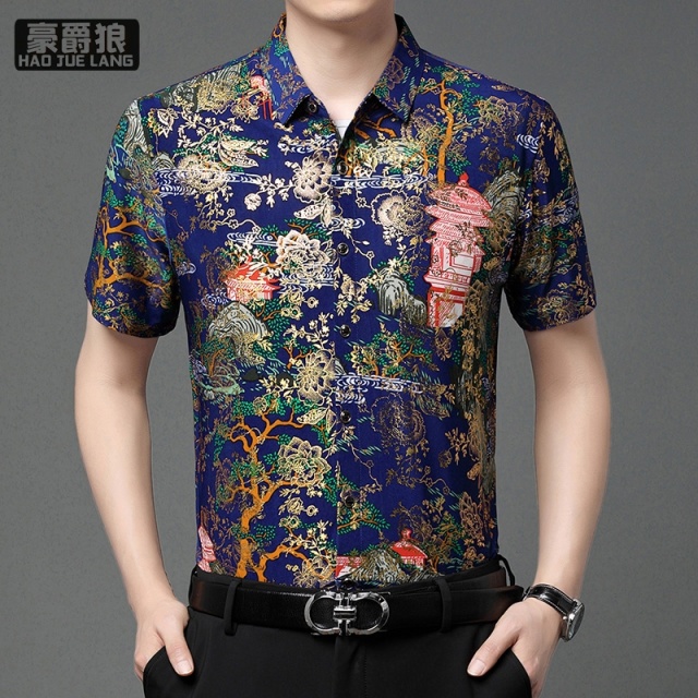11632694.夏季冰丝短袖衬衫男中年男装休闲印花薄款宽松衬衣爸爸装