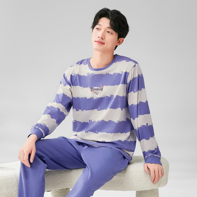 11632630.芬腾【100%棉】春季新品圆领条纹睡衣男休闲家居服长袖套装可外穿