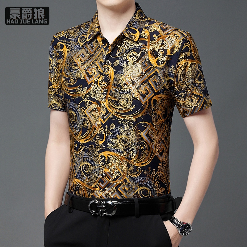 11632714.碎花衬衫男短袖夏时尚中年宽男士休闲爸爸装半袖薄款衬衣弹