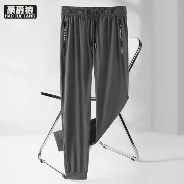 11632684.锦纶冰丝男士百搭清凉冰丝降温高弹拉链休闲长裤束脚直筒可选