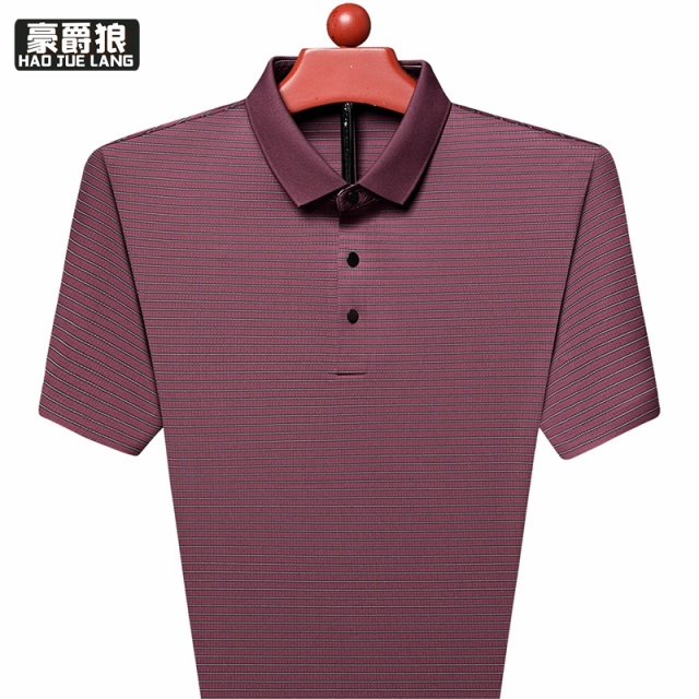 11632796.冰丝夏装男士短袖t恤夏季薄款条纹宽松半截袖中年商务翻领爸爸装