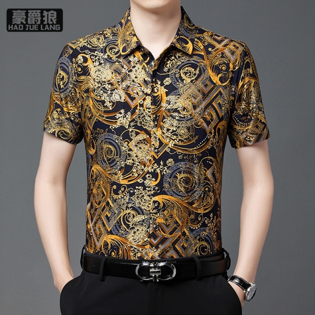 11632714.碎花衬衫男短袖夏时尚中年宽男士休闲爸爸装半袖薄款衬衣弹