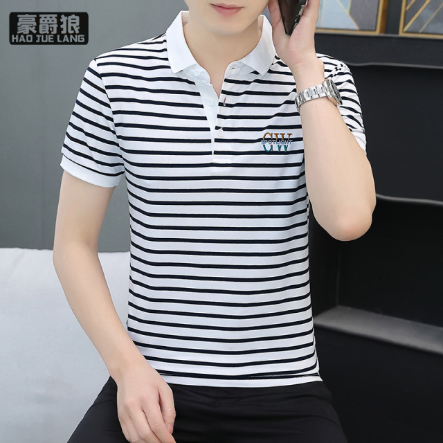 11632713.翻领短袖t恤男士夏季纯棉条纹polo衫修身百搭半袖体恤上衣服