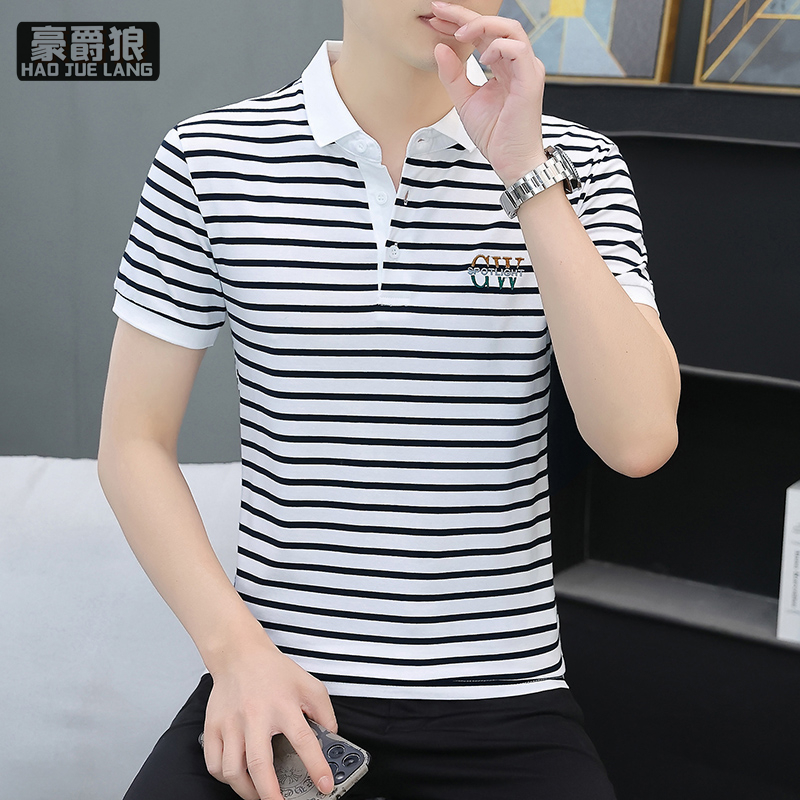 11632713.翻领短袖t恤男士夏季纯棉条纹polo衫修身百搭半袖体恤上衣服