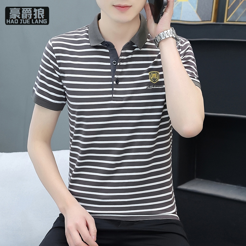 11632674.高质量男士短袖T恤纯棉条纹Polo衫潮流上衣翻领休闲百搭帅气体恤