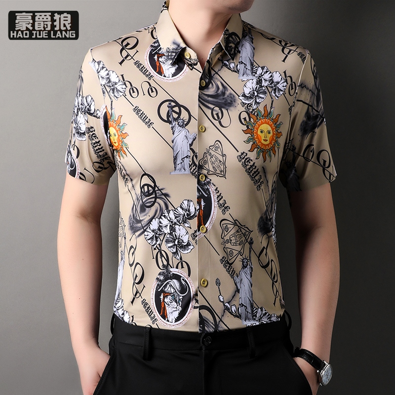 11632780.新款秋季薄款抗皱无痕冰丝弹力印花衬衫长袖中年爸爸男士衬衣男