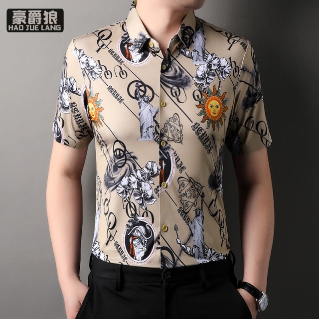 11632780.新款秋季薄款抗皱无痕冰丝弹力印花衬衫长袖中年爸爸男士衬衣男