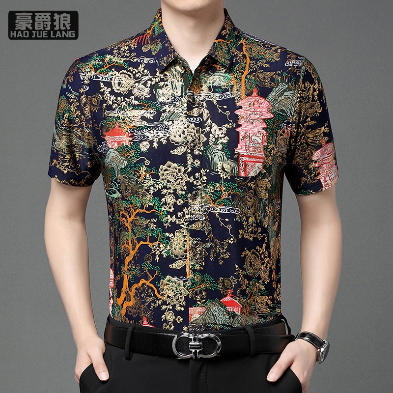 11632694.夏季冰丝短袖衬衫男中年男装休闲印花薄款宽松衬衣爸爸装
