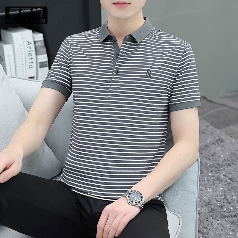 11632699.条纹男士短袖t恤纯棉宽松翻领半袖夏季男装Polo衫潮流潮牌上衣服
